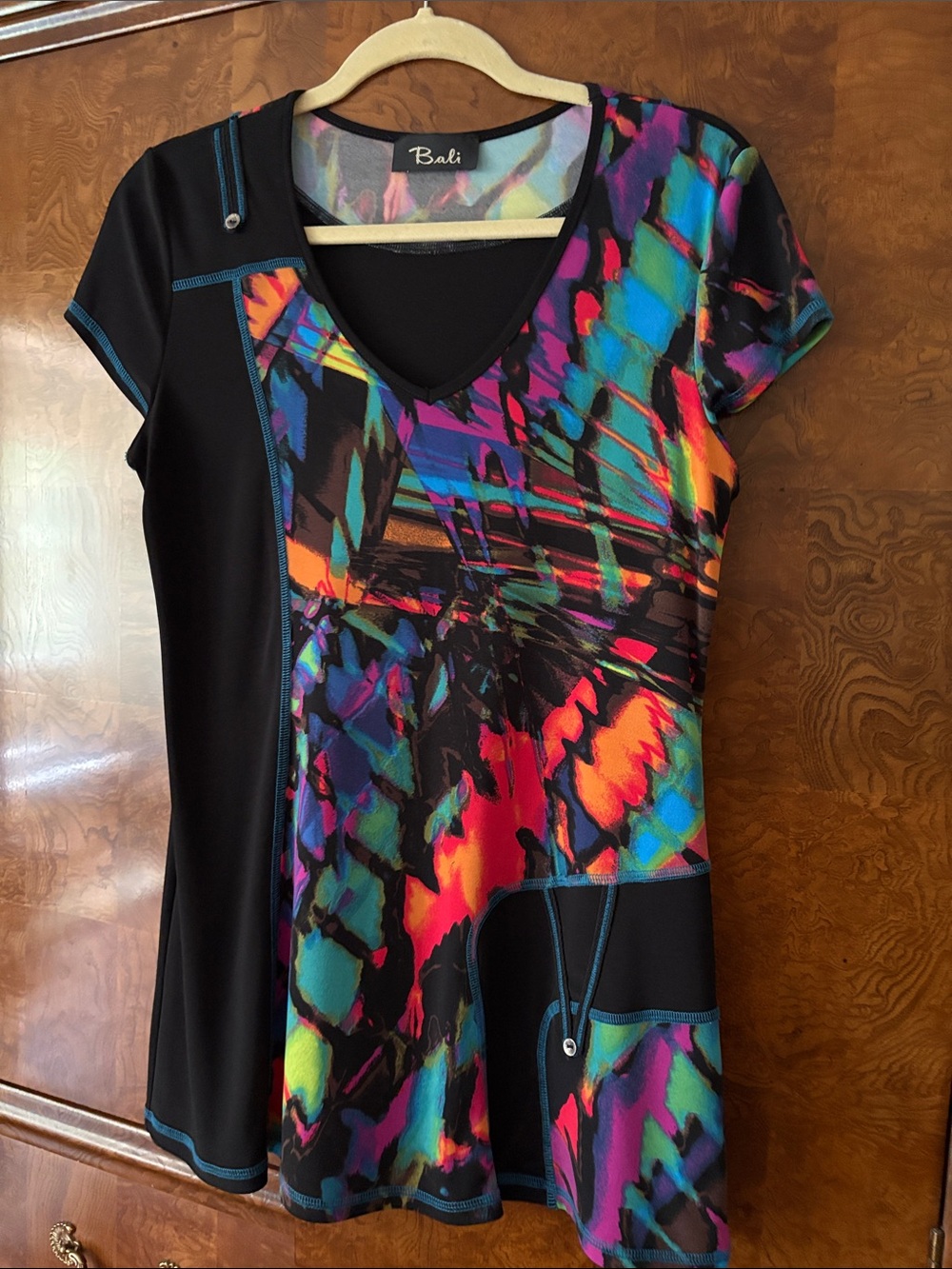 Bali Multicolor V-Neck Short Sleeve Top with Black Background